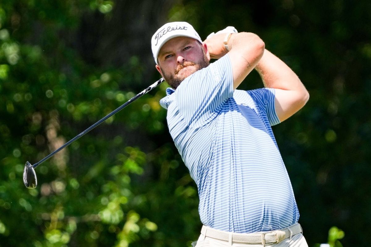 May 29, 2026; Fort Worth, Texas, USA; Jordan Smith plays his shot from the 11th tee during the second round of the Charles Schwab Challenge golf tournament. Mandatory Credit: Raymond Carlin III-Imagn Images