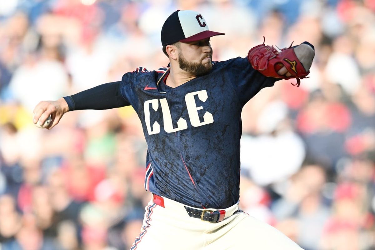 May 29, 2026; Cleveland, Ohio, USA; Cleveland Guardians starting pitcher Slade Cecconi (44) throws a pitch during the first inning against the Boston Red Sox at Progressive Field. Mandatory Credit: Ken Blaze-Imagn Images