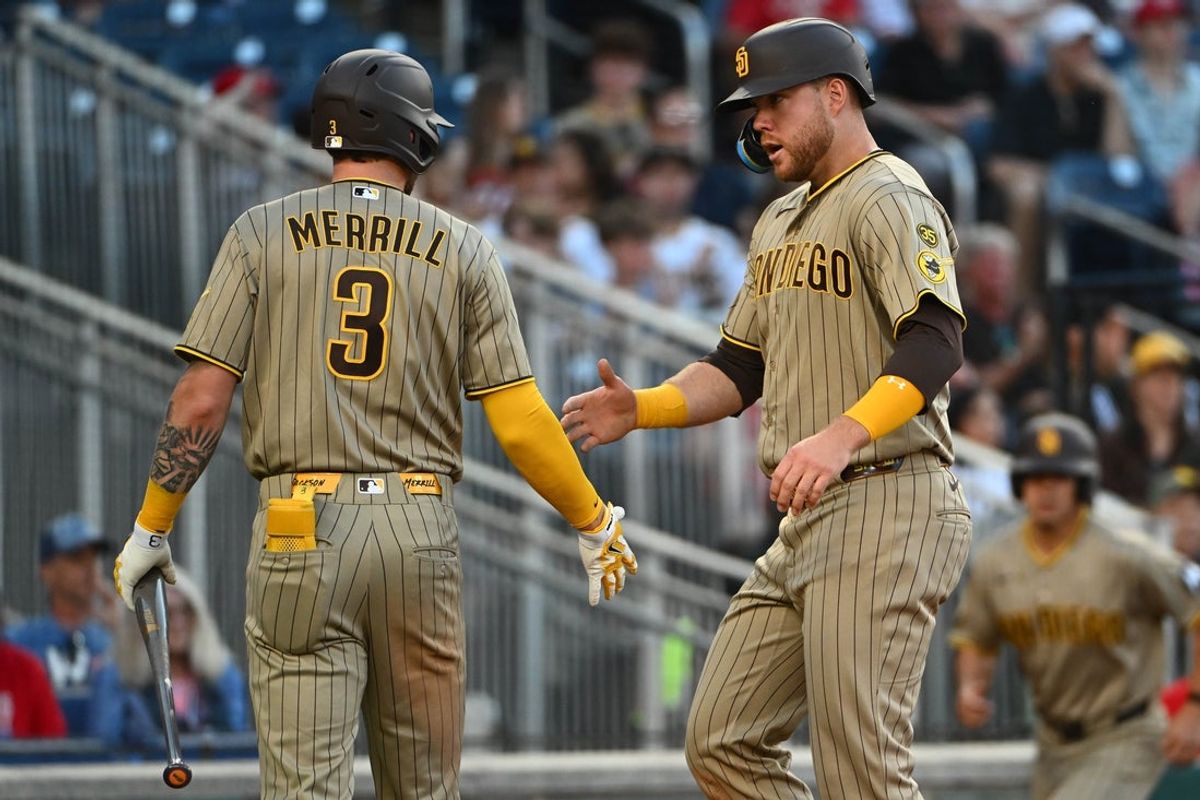 May 29, 2026; Washington, District of Columbia, USA; San Diego Padres left fielder Gavin Sheets (30) is congratulated by  center fielder Jackson Merrill (3) after scoring against the Washington Nationals during the third inning at Nationals Park. Mandatory Credit: Brad Mills-Imagn Images