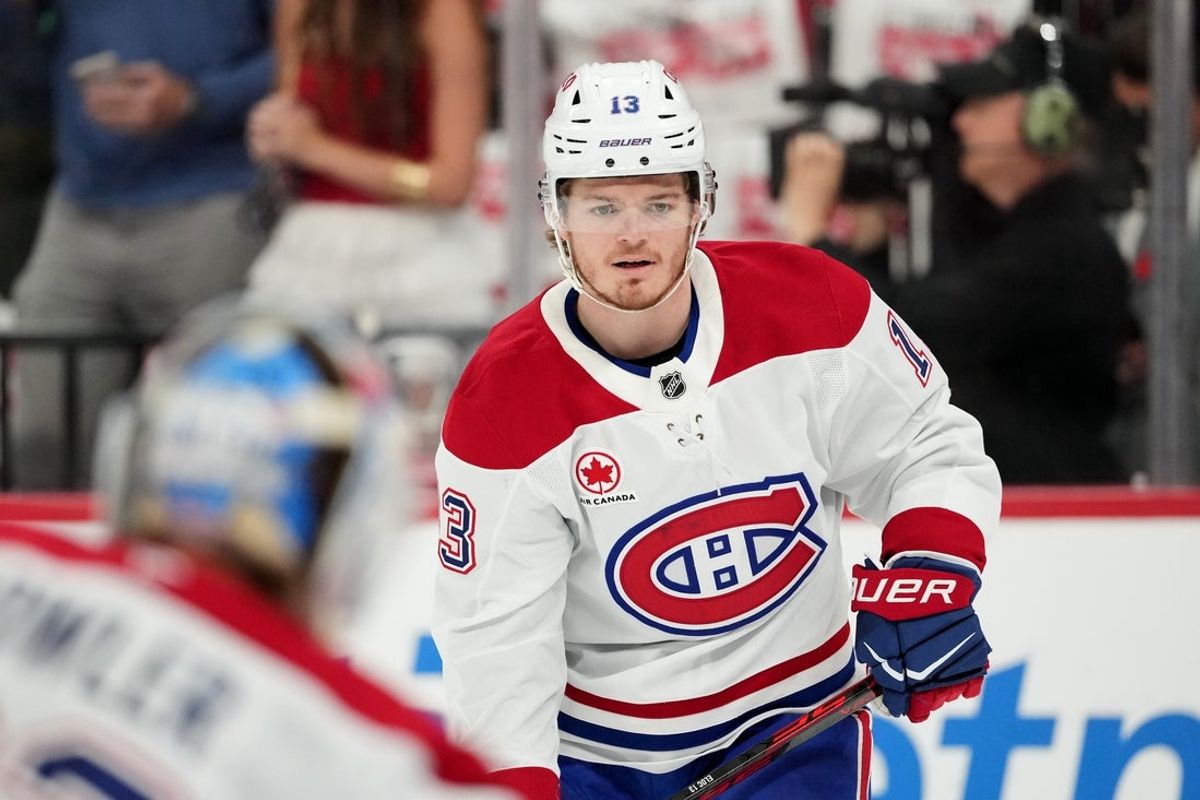 May 29, 2026; Raleigh, North Carolina, USA; Montreal Canadiens right wing Cole Caufield (13) warms up before game five of the Eastern Conference Final of the 2026 Stanley Cup Playoffs against the Carolina Hurricanes at Lenovo Center. Mandatory Credit: James Guillory-Imagn Images