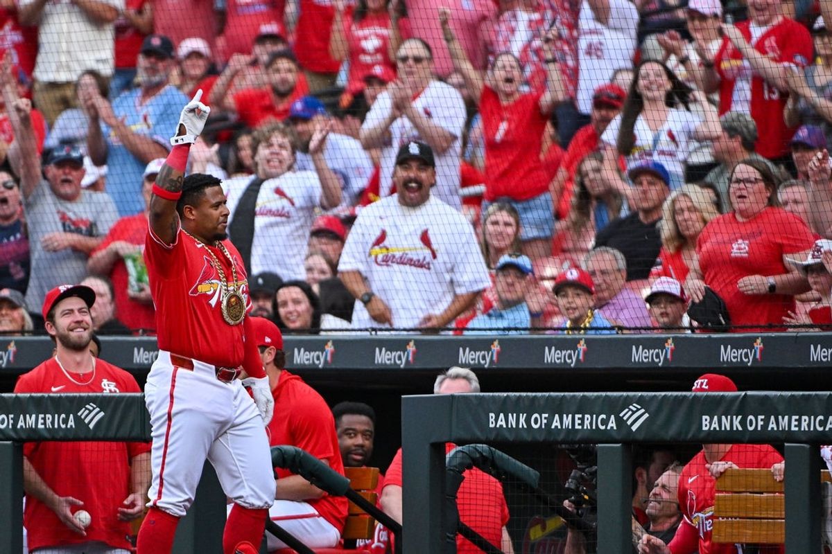 May 29, 2026; St. Louis, Missouri, USA; St. Louis Cardinals designated hitter Nelson Velazquez (38) salutes the fans as he receives a standing ovation after hitting a three run home run against the Chicago Cubs during the first inning at Busch Stadium. Mandatory Credit: Jeff Curry-Imagn Images