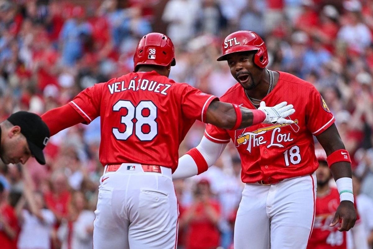 May 29, 2026; St. Louis, Missouri, USA; St. Louis Cardinals designated hitter Nelson Velazquez (38) celebrates with right fielder Jordan Walker (18) after hitting a three run home run against the Chicago Cubs during the first inning at Busch Stadium. Mandatory Credit: Jeff Curry-Imagn Images