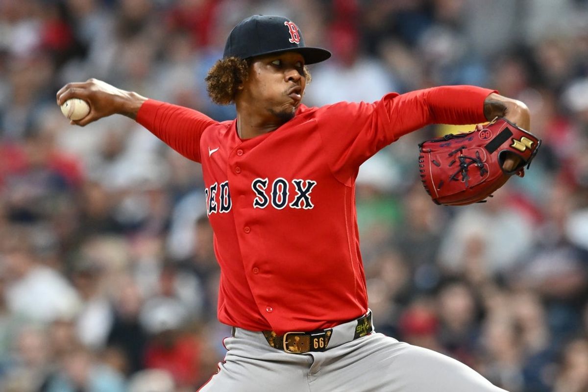 May 29, 2026; Cleveland, Ohio, USA; Boston Red Sox pitcher Brayan Bello (66) throws a pitch during the sixth inning against the Cleveland Guardians at Progressive Field. Mandatory Credit: Ken Blaze-Imagn Images