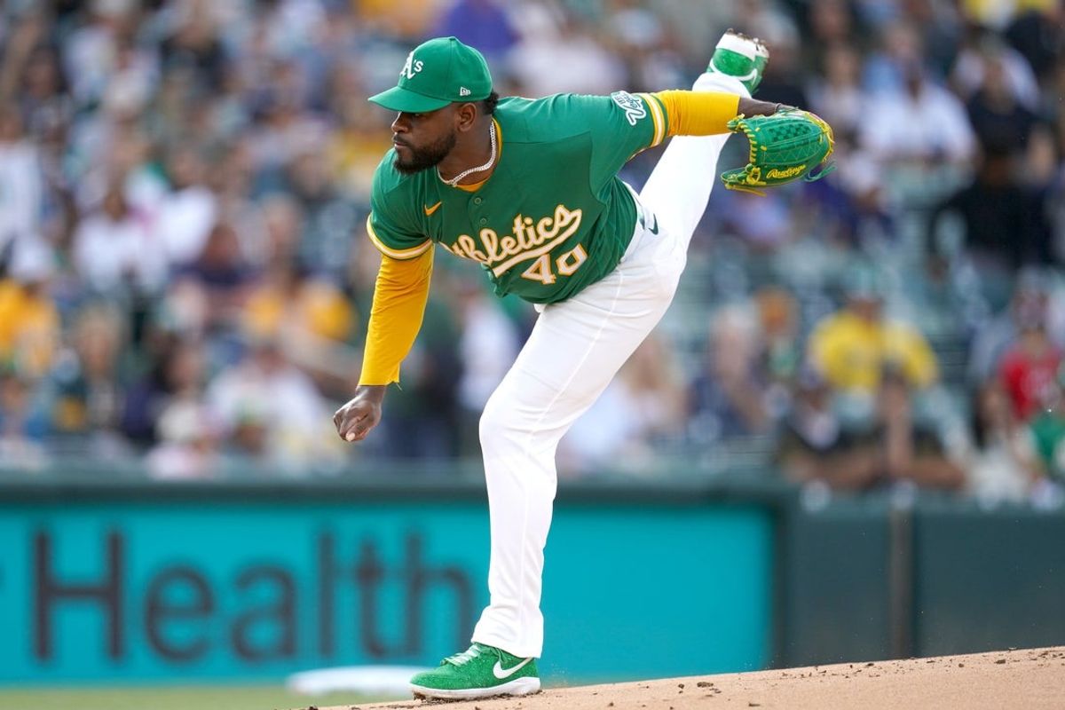 May 29, 2026; West Sacramento, California, USA; Athletics pitcher Luis Severino (40) follows through on a pitch against the New York Yankees in the first inning at Sutter Health Park. Mandatory Credit: Cary Edmondson-Imagn Images