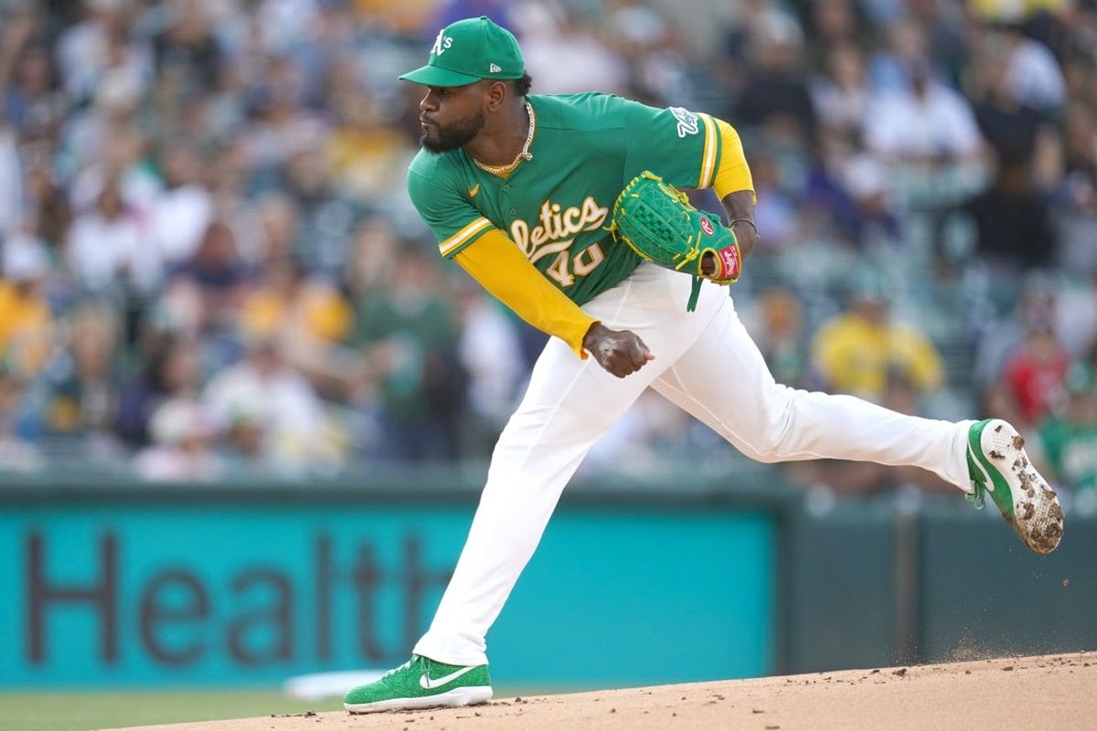 May 29, 2026; West Sacramento, California, USA; Athletics pitcher Luis Severino (40) follows through on a pitch against the New York Yankees in the first inning at Sutter Health Park. Mandatory Credit: Cary Edmondson-Imagn Images