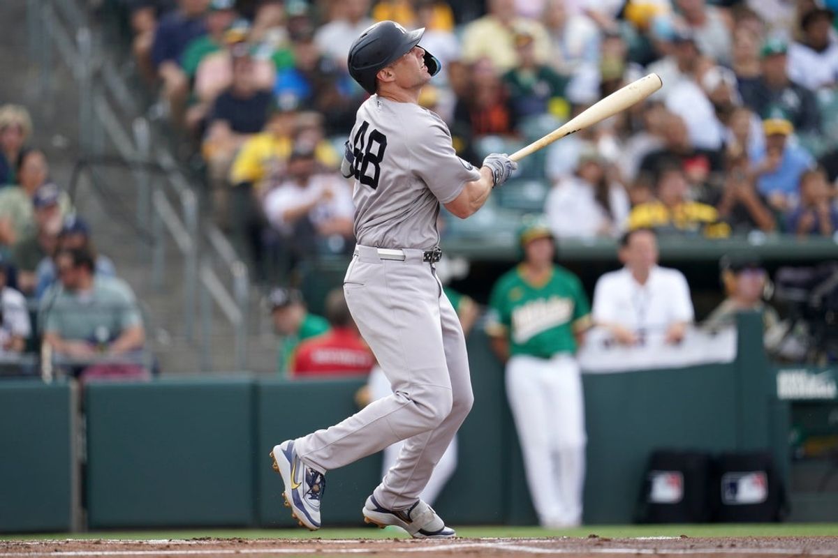 May 29, 2026; West Sacramento, California, USA; New York Yankees first baseman Paul Goldschmidt (48) hits a three run home run against the Athletics in the first inning at Sutter Health Park. Mandatory Credit: Cary Edmondson-Imagn Images