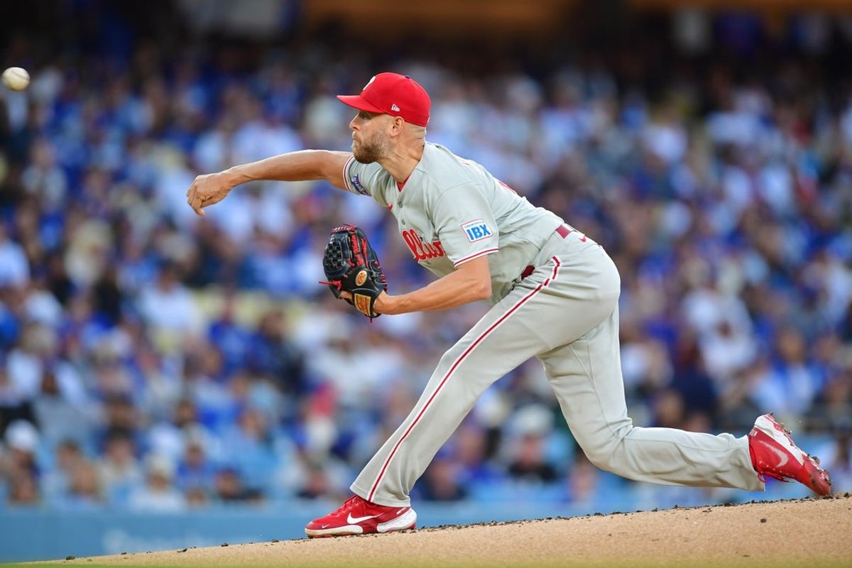 May 29, 2026; Los Angeles, California, USA; Philadelphia Phillies pitcher Zack Wheeler (45) pitches against the Los Angeles Dodgers in the first inning at Dodger Stadium. Mandatory Credit: Gary A. Vasquez-Imagn Images