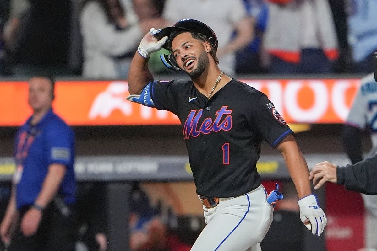 May 29, 2026; New York City, New York, USA; New York Mets designated hitter MJ Melendez (1) rounds the bases after hitting a two run walk off home run against the Miami Marlins during the tenth inning at Citi Field. Mandatory Credit: Gregory Fisher-Imagn Images