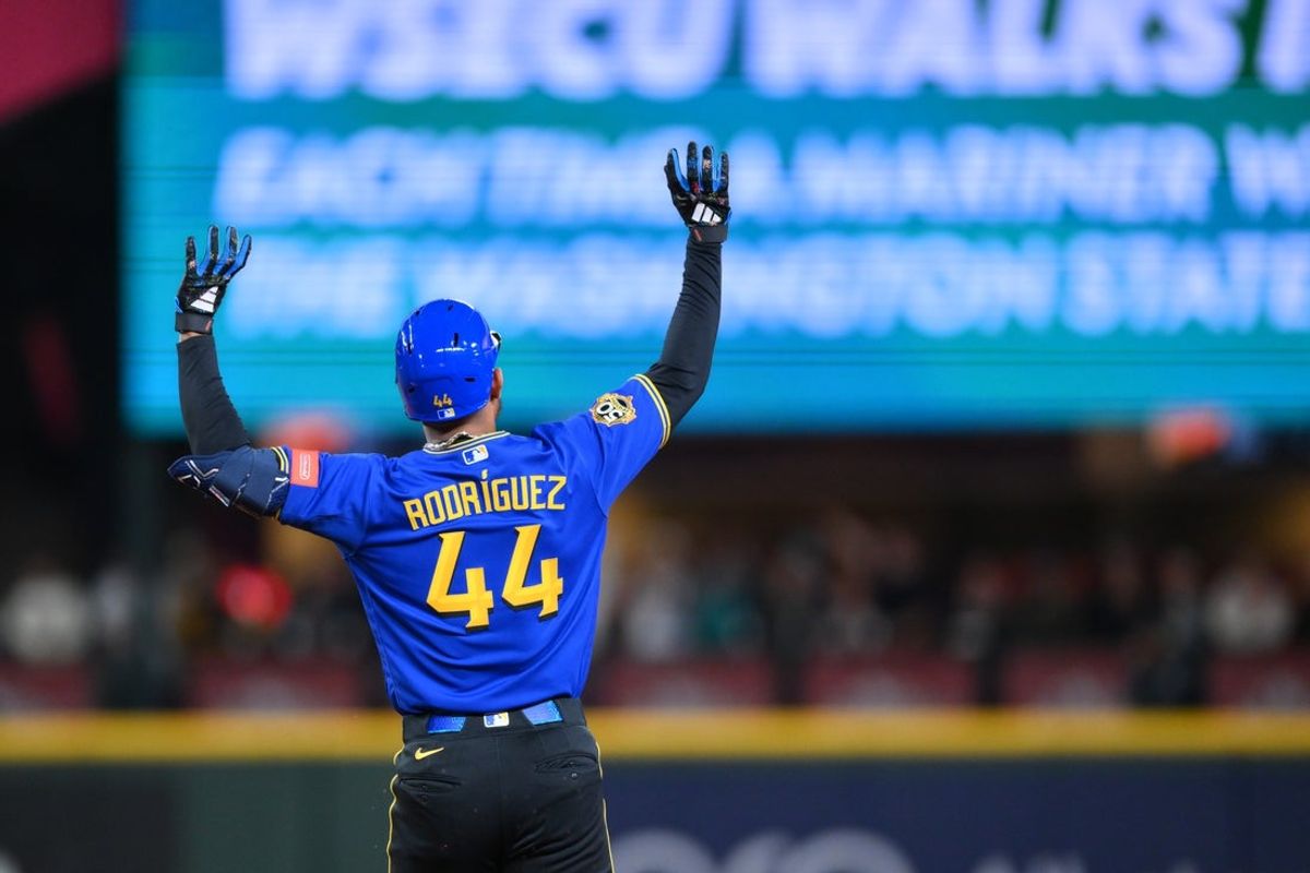May 29, 2026; Seattle, Washington, USA; Seattle Mariners center fielder Julio Rodriguez (44) celebrates after hitting a 2-run home run against the Arizona Diamondbacks during the third inning at T-Mobile Park. Mandatory Credit: Steven Bisig-Imagn Images