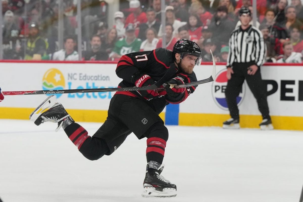 May 29, 2026; Raleigh, North Carolina, USA; Carolina Hurricanes left wing Nikolaj Ehlers (27) shoots the puck against the Montreal Canadiens in game five of the Eastern Conference Final of the 2026 Stanley Cup Playoffs during the third period at Lenovo Center. Mandatory Credit: James Guillory-Imagn Images