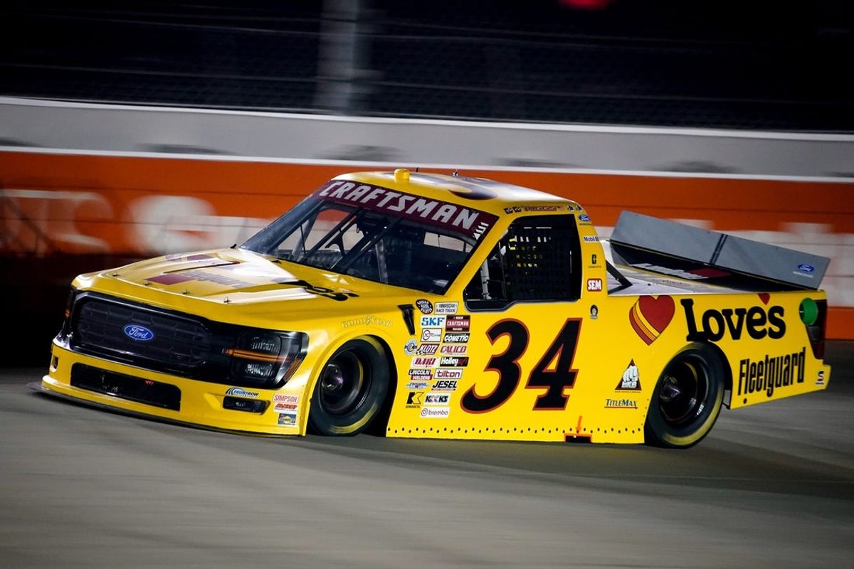 NASCAR Truck Series driver Layne Riggs (34) races during the Allegiance 200 at Nashville Superspeedway in Lebanon, Tenn., Friday, May 29, 2026.