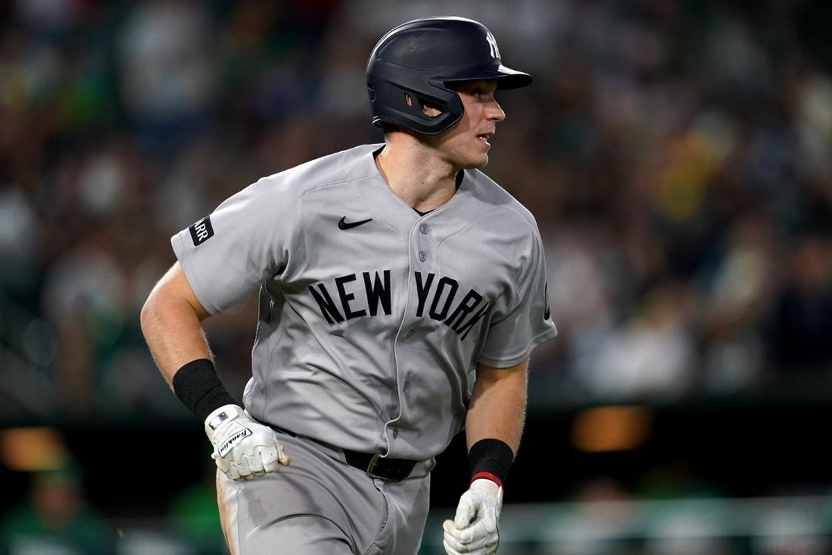 May 29, 2026; West Sacramento, California, USA; New York Yankees designated hitter Ben Rice (22) runs towards first after hitting a home run against the Athletics in the seventh inning at Sutter Health Park. Mandatory Credit: Cary Edmondson-Imagn Images
