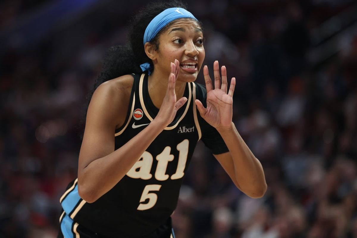 May 29, 2026; Portland, Oregon, USA;  Atlanta Dream forward Angel Reese (5) chat with a referee during the second half against the Portland Fire at Moda Center. Mandatory Credit: Jaime Valdez-Imagn Images