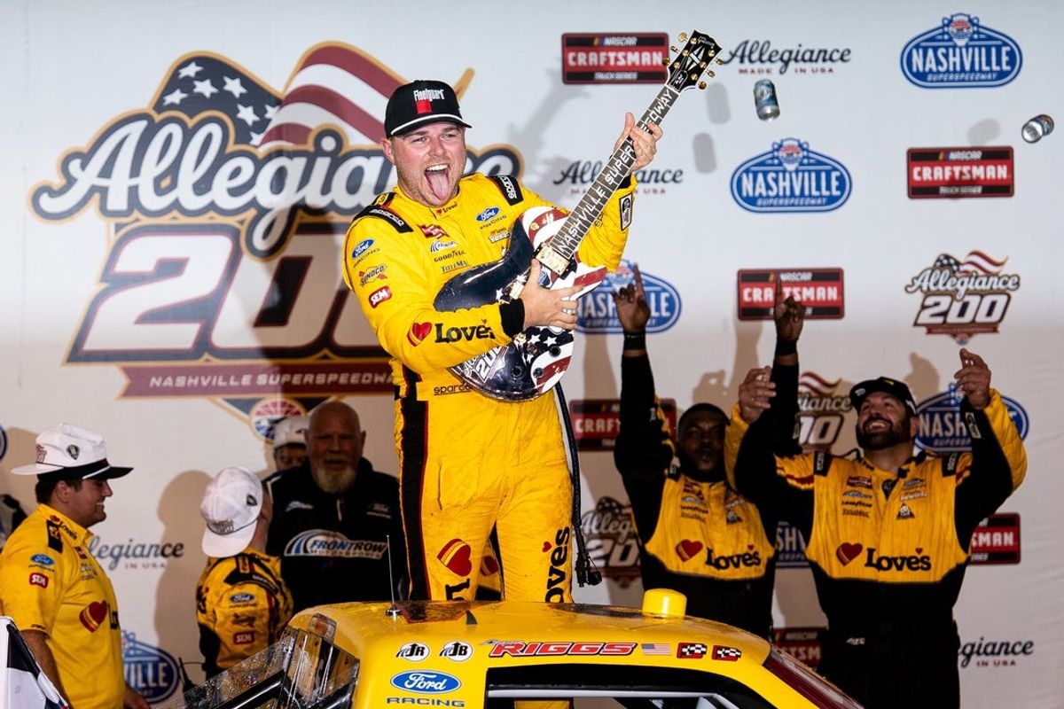 NASCAR Truck Series driver Layne Riggs celebrates winning the Allegiance 200 at Nashville Superspeedway in Lebanon, Tenn., Saturday, May 30, 2026.