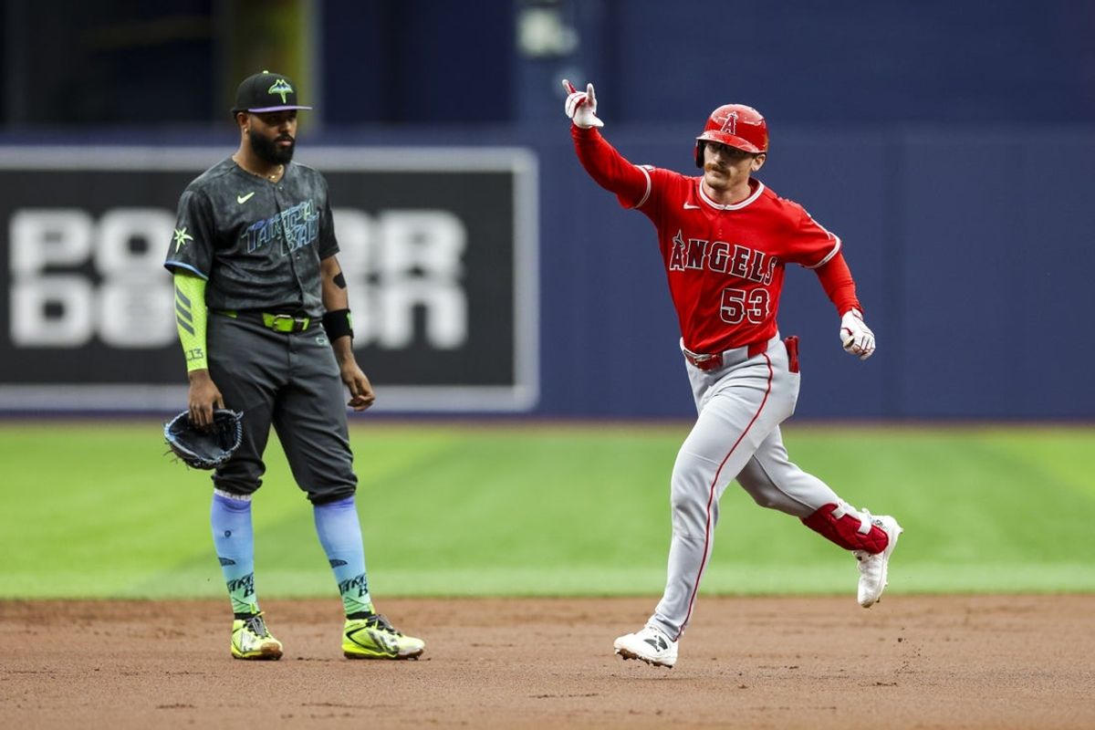 May 30, 2026; St. Petersburg, Florida, USA; Los Angeles Angels left fielder Wade Meckler (53) runs them bases after hitting a grand slam against the Tampa Bay Rays in the first inning at Tropicana Field. Mandatory Credit: Nathan Ray Seebeck-Imagn Images