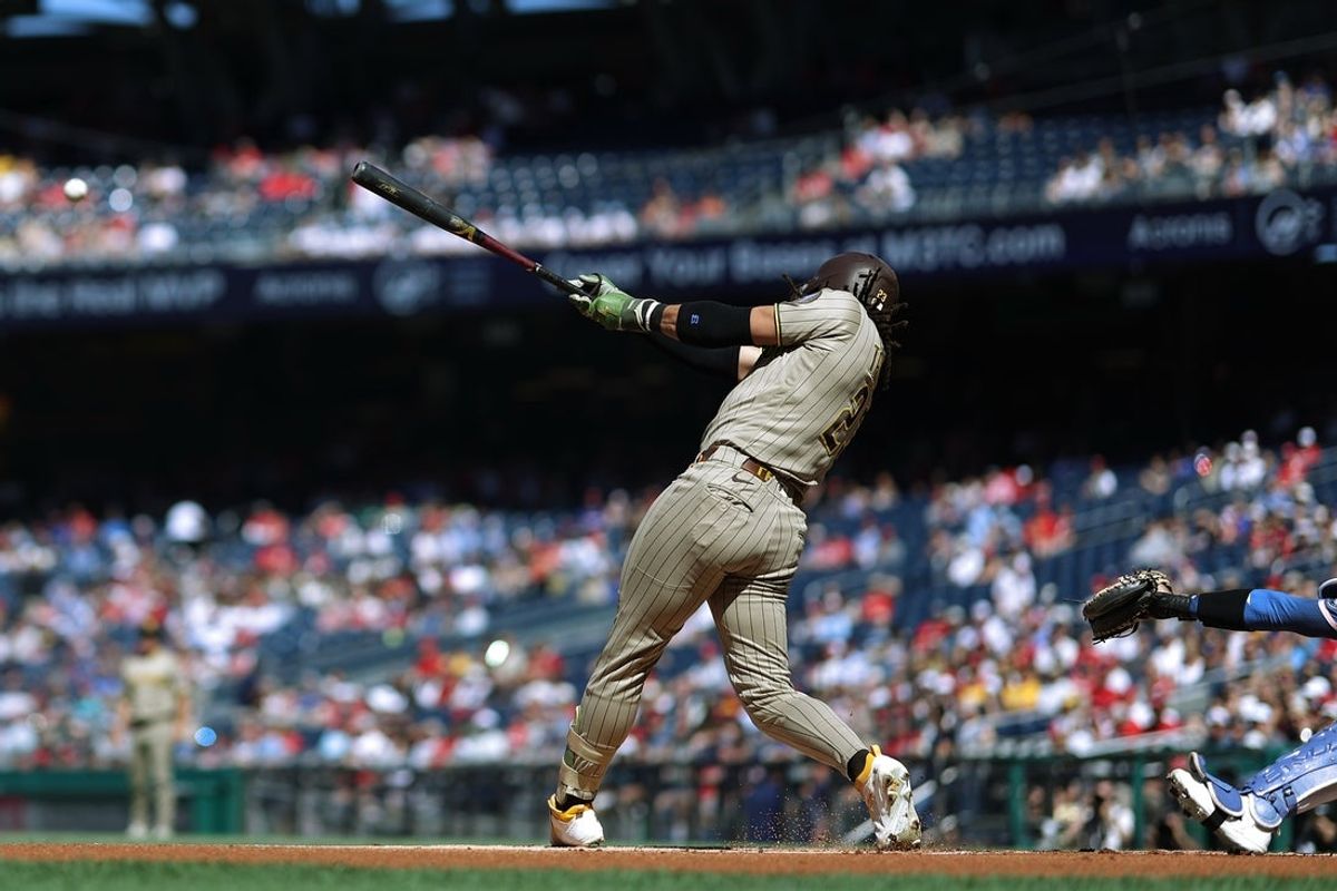 May 30, 2026; Washington, District of Columbia, USA; San Diego Padres right fielder Fernando Tatis Jr. (23) singles against the Washington Nationals during the first inning at Nationals Park. Mandatory Credit: Geoff Burke-Imagn Images