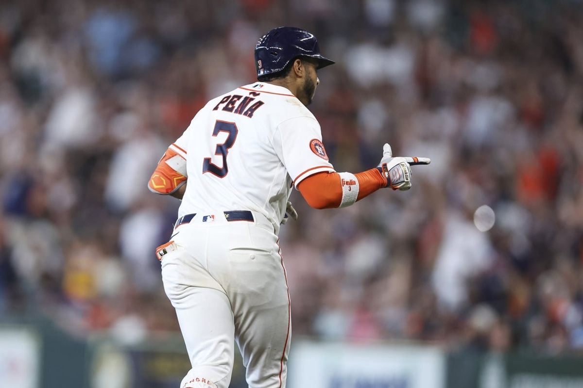 May 30, 2026; Houston, Texas, USA; Houston Astros shortstop Jeremy Pena (3) points towards the dugout after hitting a home run during the second inning against the Milwaukee Brewers at Daikin Park. Mandatory Credit: Troy Taormina-Imagn Images
