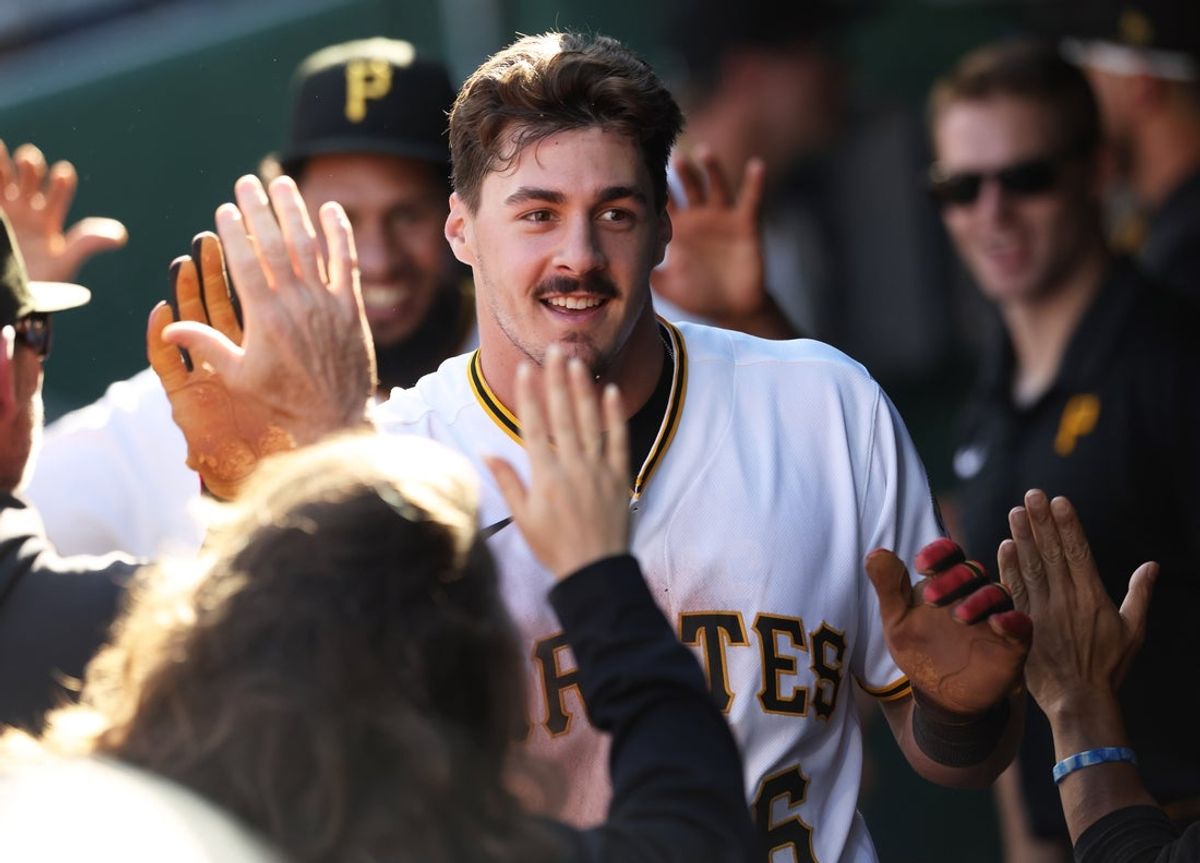 May 30, 2026; Pittsburgh, Pennsylvania, USA;  Pittsburgh Pirates designated hitter Konnor Griffin (6) high-fives in the dugout after scoring a run against the Minnesota Twins during the fifth inning at PNC Park. Mandatory Credit: Charles LeClaire-Imagn Images