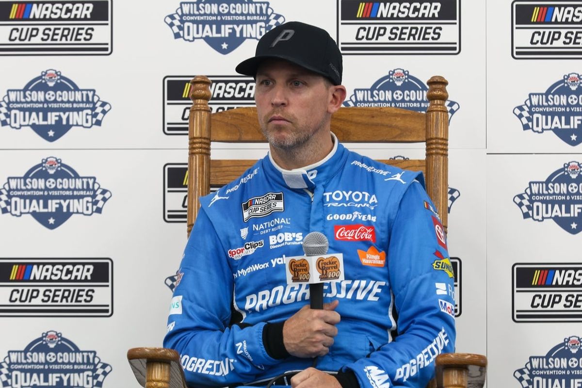 May 30, 2026; Lebanon, Tennessee, USA; Joe Gibbs Racing driver Denny Hamlin (11) will start from the pole tomorrow at Nashville Superspeedway. Mandatory Credit: Randy Sartin-Imagn Images