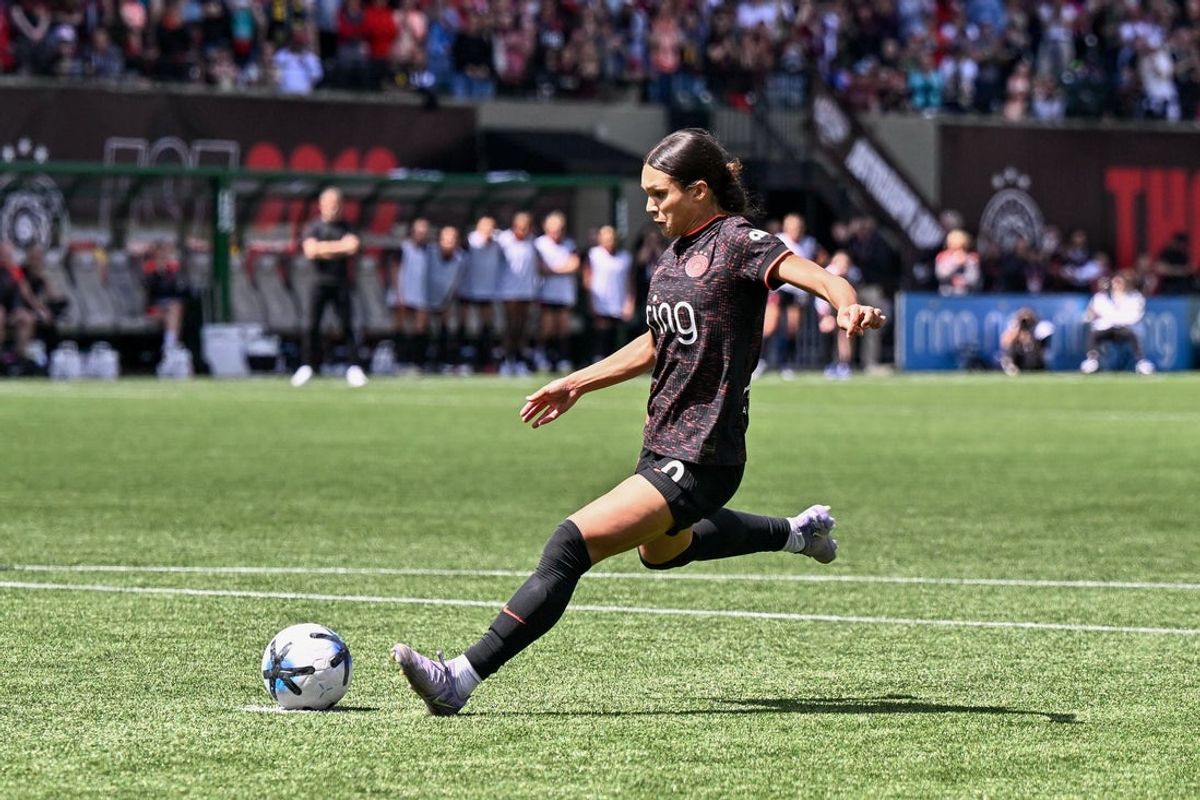 May 30, 2026; Portland, Oregon, USA; Portland Thorns FC forward Sophia Wilson (9) scores a goal on a penalty kick during the second half against the Utah Royals at Providence Park. Mandatory Credit: Craig Strobeck-Imagn Images