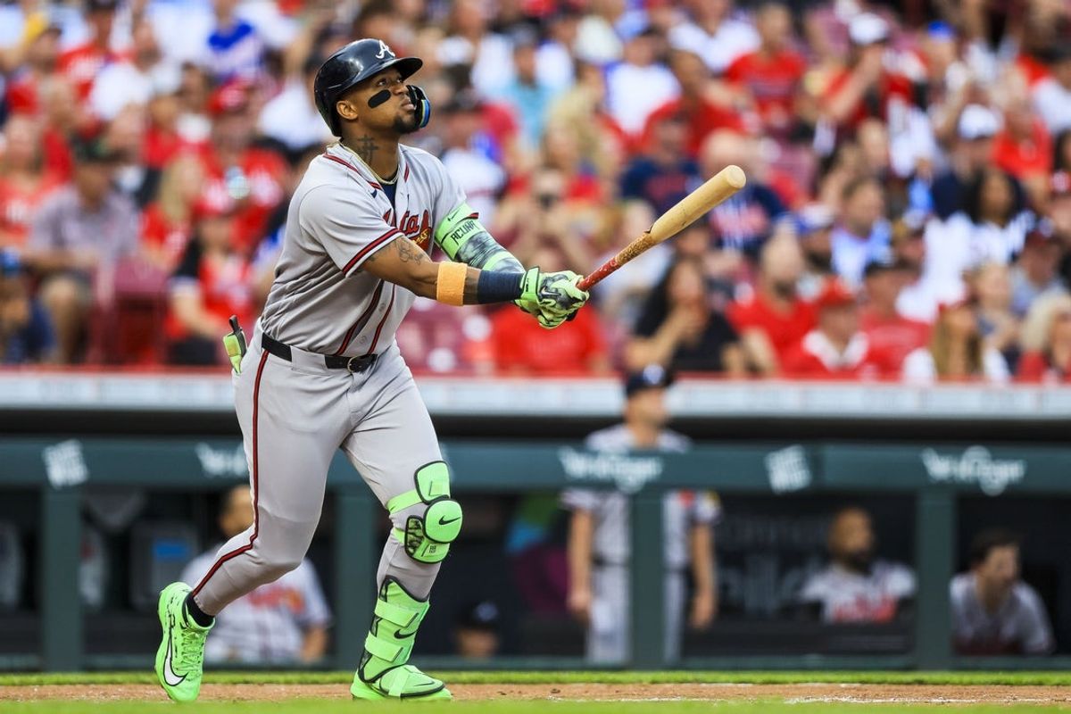 May 30, 2026; Cincinnati, Ohio, USA; Atlanta Braves outfielder Ronald Acuna Jr. (13) hits a solo home run in the third inning against the Cincinnati Reds at Great American Ball Park. Mandatory Credit: Katie Stratman-Imagn Images