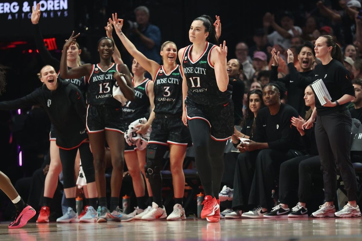 May 30, 2026; Portland, Oregon, USA;  Portland Fire center Megan Gustafson (17) reacts after scoring against the Indiana Fever during the first half at Moda Center. Mandatory Credit: Jaime Valdez-Imagn Images