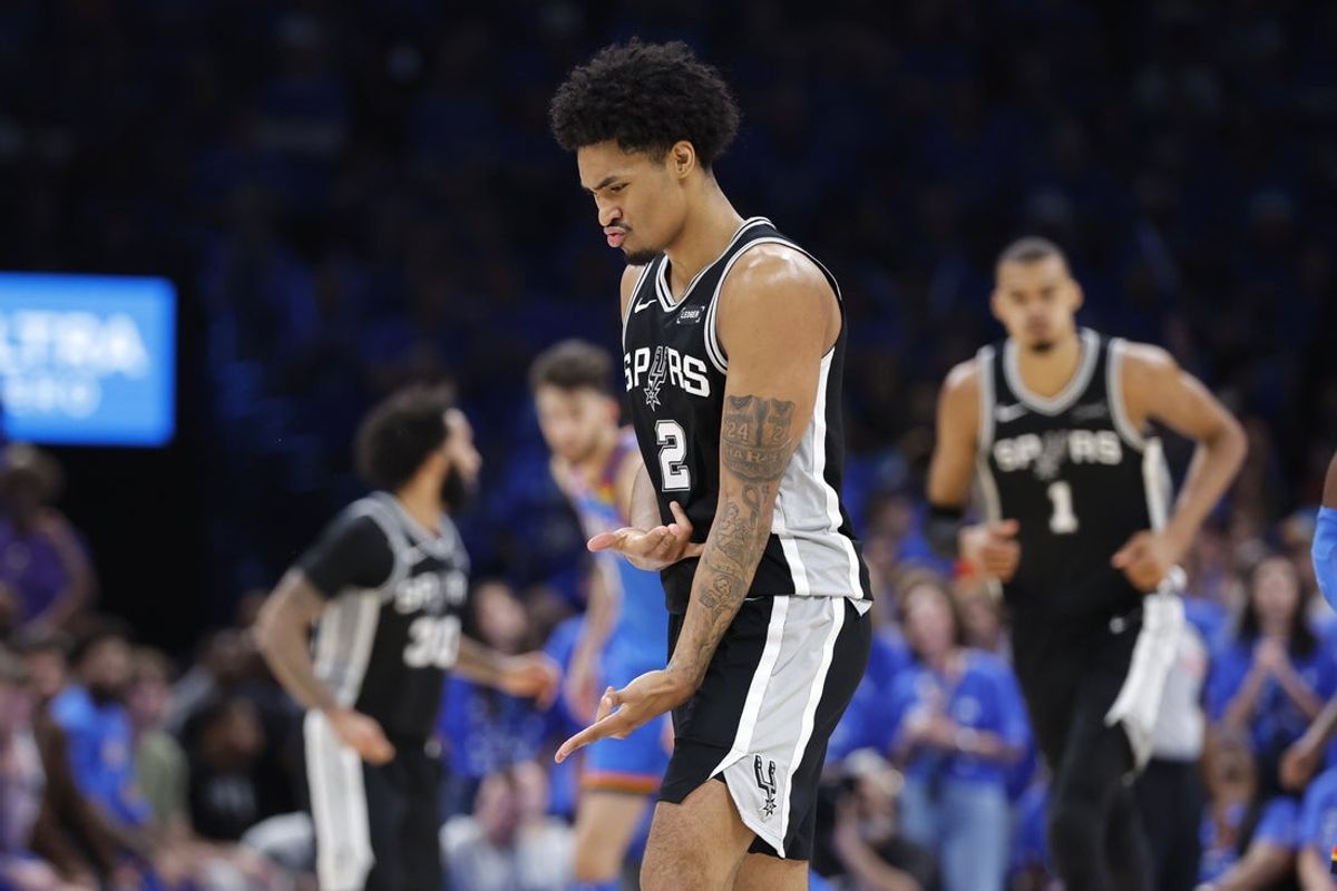 May 30, 2026; Oklahoma City, Oklahoma, USA; San Antonio Spurs guard Dylan Harper (2) reacts in the fourth quarter against the Oklahoma City Thunder during game seven of the western conference finals for the 2026 NBA playoffs at Paycom Center. Mandatory Credit: Alonzo Adams-Imagn Images