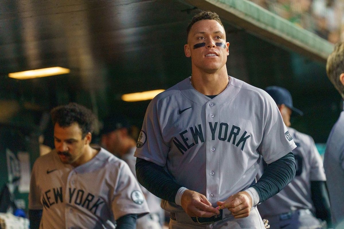 May 30, 2026; West Sacramento, California, USA; New York Yankees right fielder Aaron Judge (99) prepares to go back out for the bottom half of the sixth inning against the Athletics at Sutter Health Park. Mandatory Credit: Neville E. Guard-Imagn Images