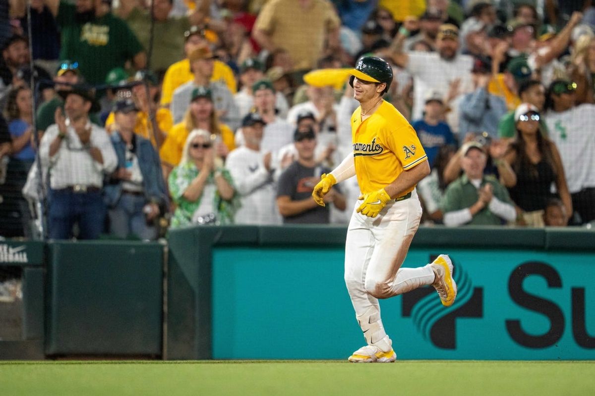 May 30, 2026; West Sacramento, California, USA; Athletics left fielder Tyler Soderstrom (21) rounds third base after hitting a solo home run against the New York Yankees during the sixth inning at Sutter Health Park. Mandatory Credit: Neville E. Guard-Imagn Images