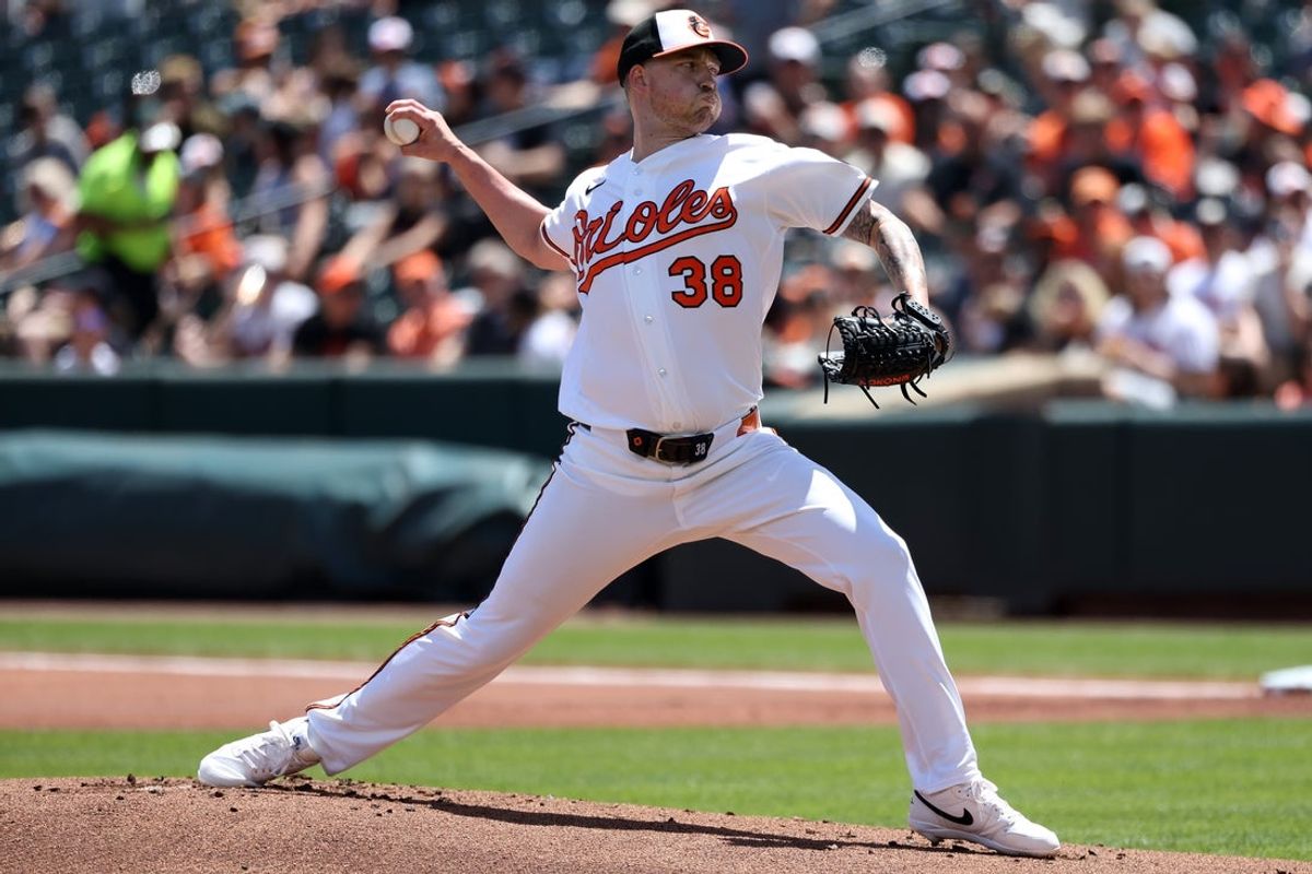 May 31, 2026; Baltimore, Maryland, USA; Baltimore Orioles pitcher Kyle Bradish (38) throws during the first inning against the Toronto Blue Jays at Oriole Park at Camden Yards. Mandatory Credit: Daniel Kucin Jr.-Imagn Images