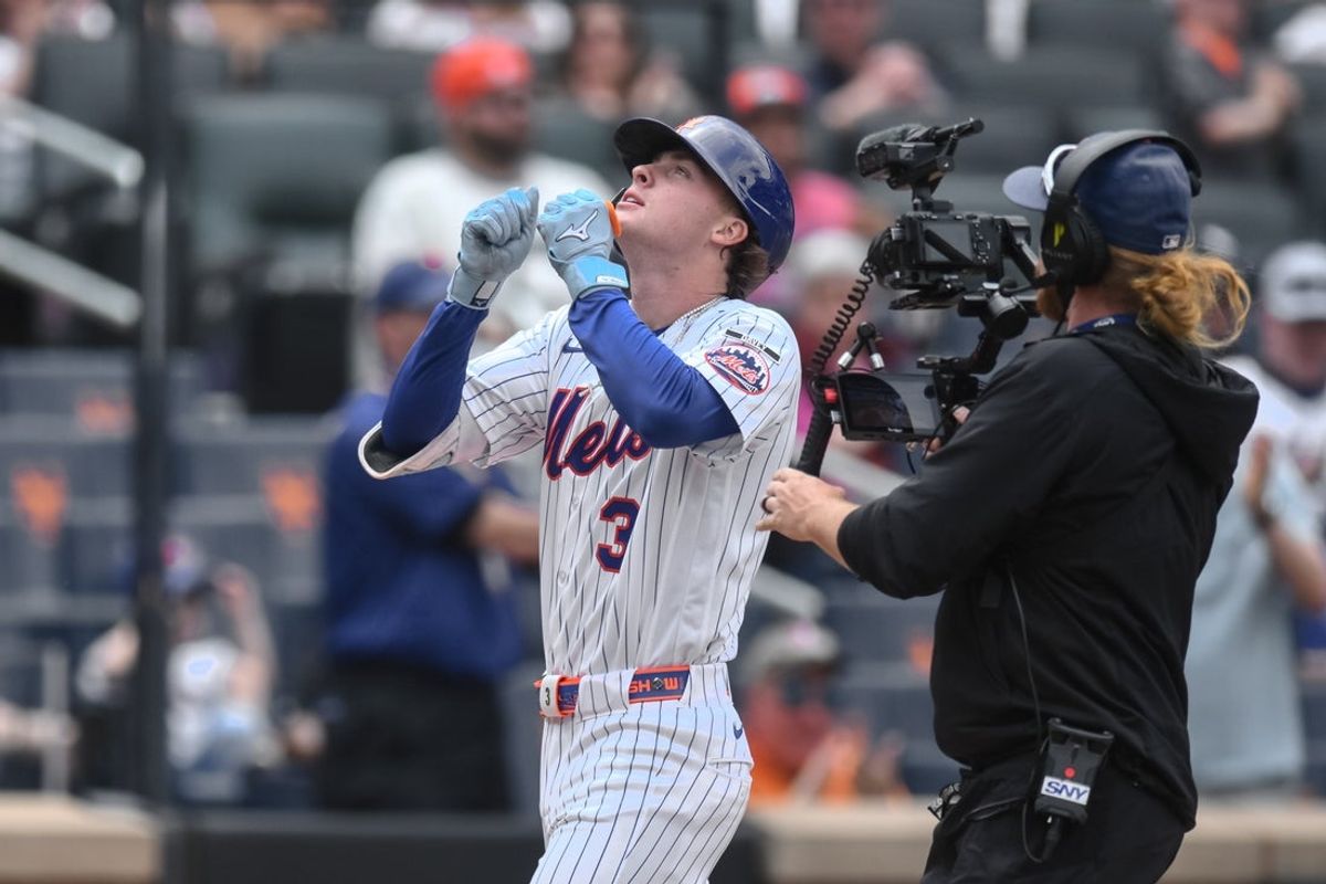 May 31, 2026; New York City, New York, USA; New York Mets right fielder Carson Benge (3) reacts after hitting a solo home run during the first inning against the Miami Marlins at Citi Field. Mandatory Credit: John Jones-Imagn Images