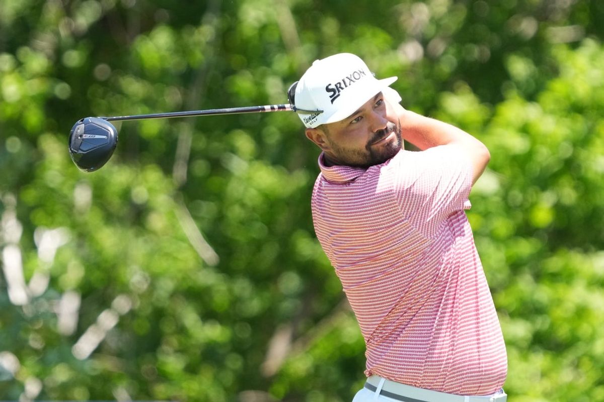 May 31, 2026; Fort Worth, Texas, USA; J.J. Spaun plays his shot from the sixth tee during the final round of the Charles Schwab Challenge golf tournament. Mandatory Credit: Raymond Carlin III-Imagn Images