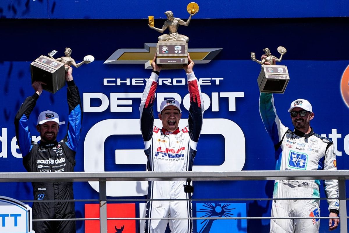 Chip Ganassi Racing Alex Palou Alex Palou (10), center, wins Detroit Grand Prix next to second place finish Andretti Global Kyle Kirkwood Kyle Kirkwood (27) and Rahal Letterman Lanigan Racing Graham Rahal Graham Rahal (15) in Detroit on Sunday, May 31, 2026.