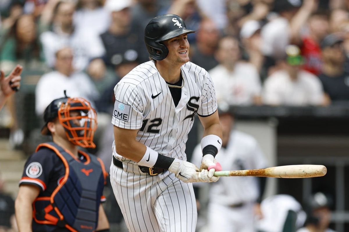 May 31, 2026; Chicago, Illinois, USA; Chicago White Sox shortstop Colson Montgomery (12) hits a solo home run against the Detroit Tigers during the seventh inning at Rate Field. Mandatory Credit: Kamil Krzaczynski-Imagn Images