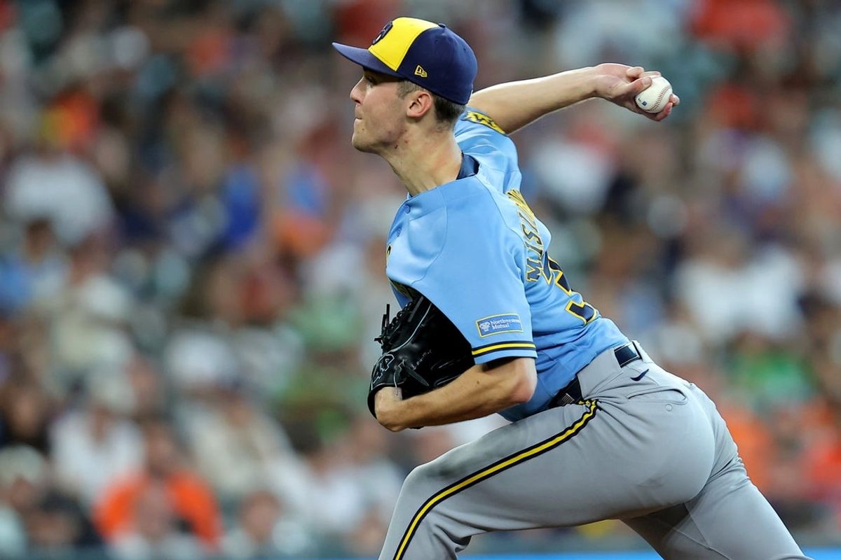 May 31, 2026; Houston, Texas, USA; Milwaukee Brewers pitcher Jacob Misiorowski (32) delivers a pitch against the Houston Astros during the seventh inning at Daikin Park. Mandatory Credit: Erik Williams-Imagn Images