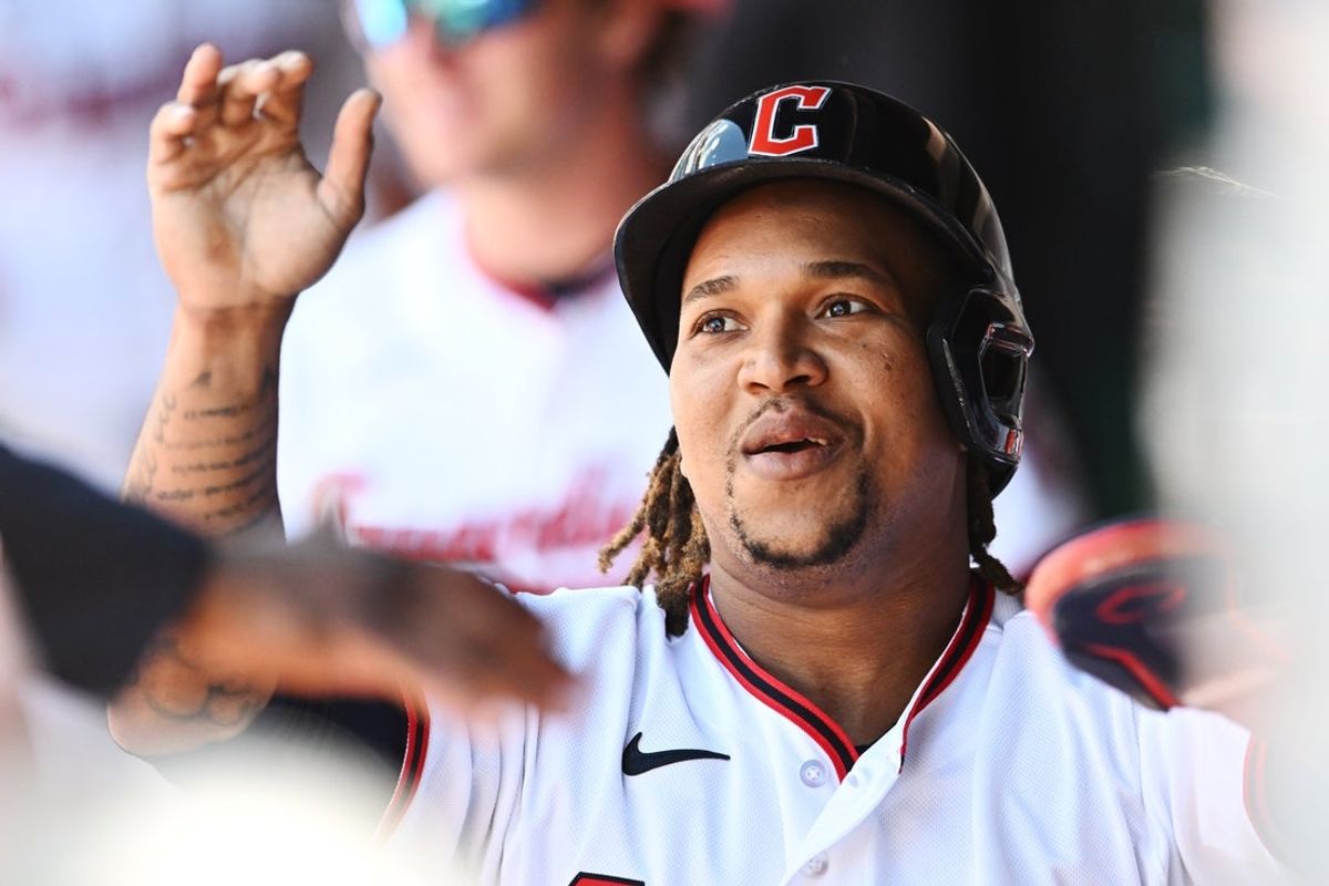 May 31, 2026; Cleveland, Ohio, USA; Cleveland Guardians third baseman Jose Ramirez (11) celebrates after scoring during the fifth inning against the Boston Red Sox at Progressive Field. Mandatory Credit: Ken Blaze-Imagn Images
