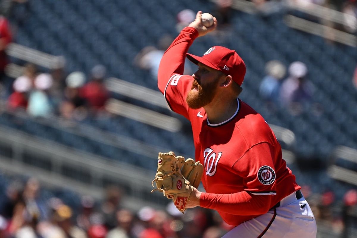 May 31, 2026; Washington, District of Columbia, USA;  Washington Nationals pitcher Zack Littell (18) throws a pitch against the San Diego Padres during the second inning at Nationals Park. Mandatory Credit: Rafael Suanes-Imagn Images