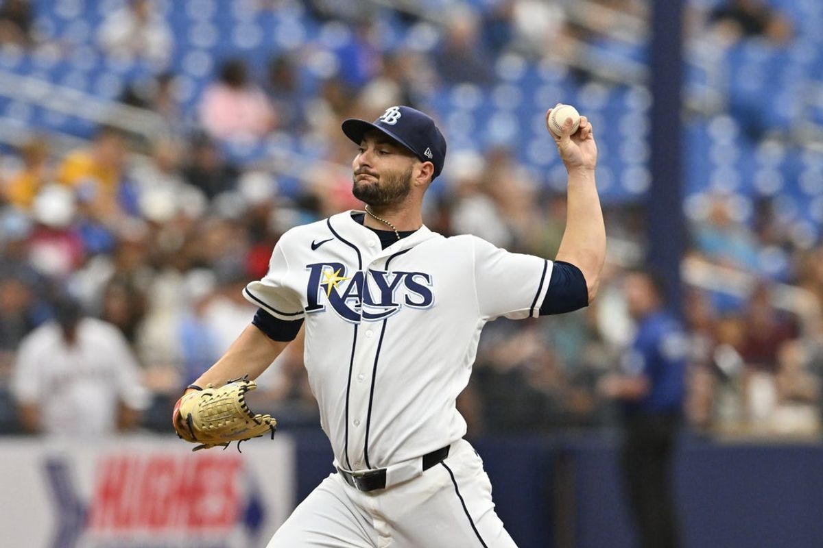 May 31, 2026; St. Petersburg, Florida, USA; Tampa Bay Rays pitcher Shane McClanahan (18) throws a pitch during the second inning against Los Angeles Angels at Tropicana Field. Mandatory Credit: Pablo Robles-Imagn Images