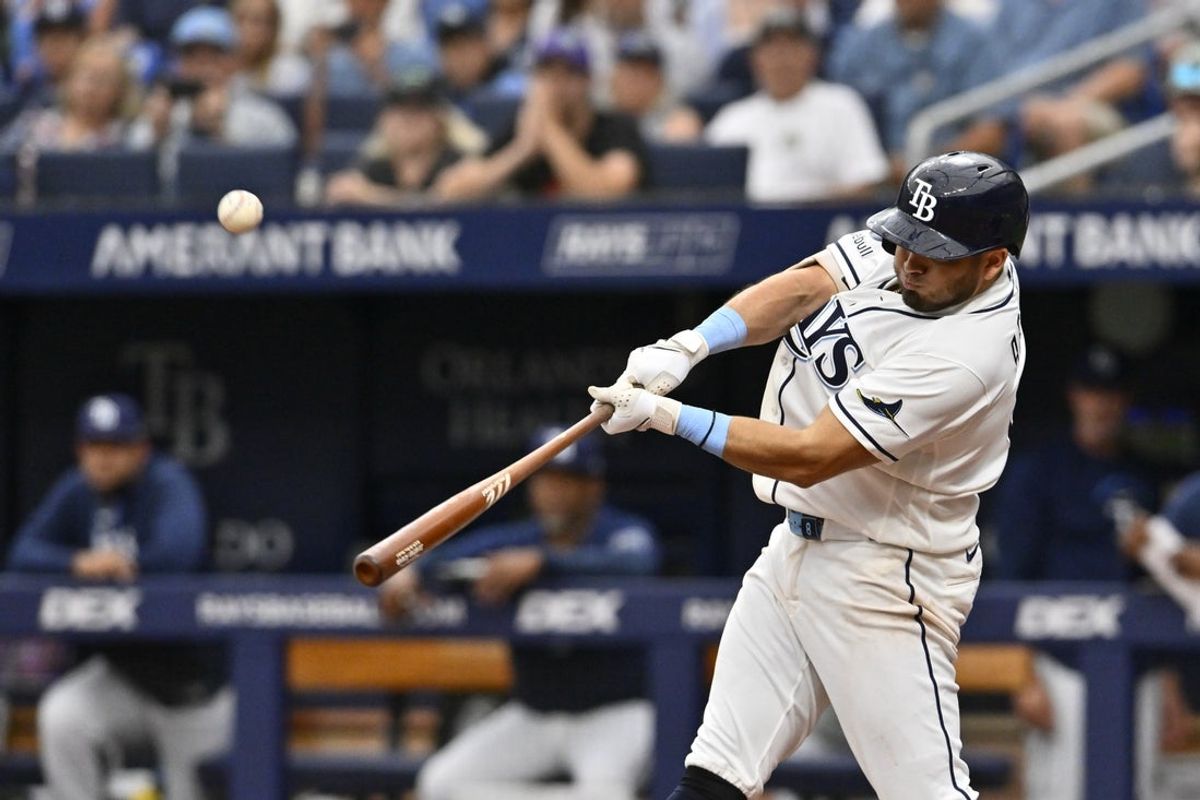 May 31, 2026; St. Petersburg, Florida, USA; Tampa Bay Rays first baseman Jonathan Aranda (8) hits a foul ball during the seventh inning against Los Angeles Angels at Tropicana Field. Mandatory Credit: Pablo Robles-Imagn Images
