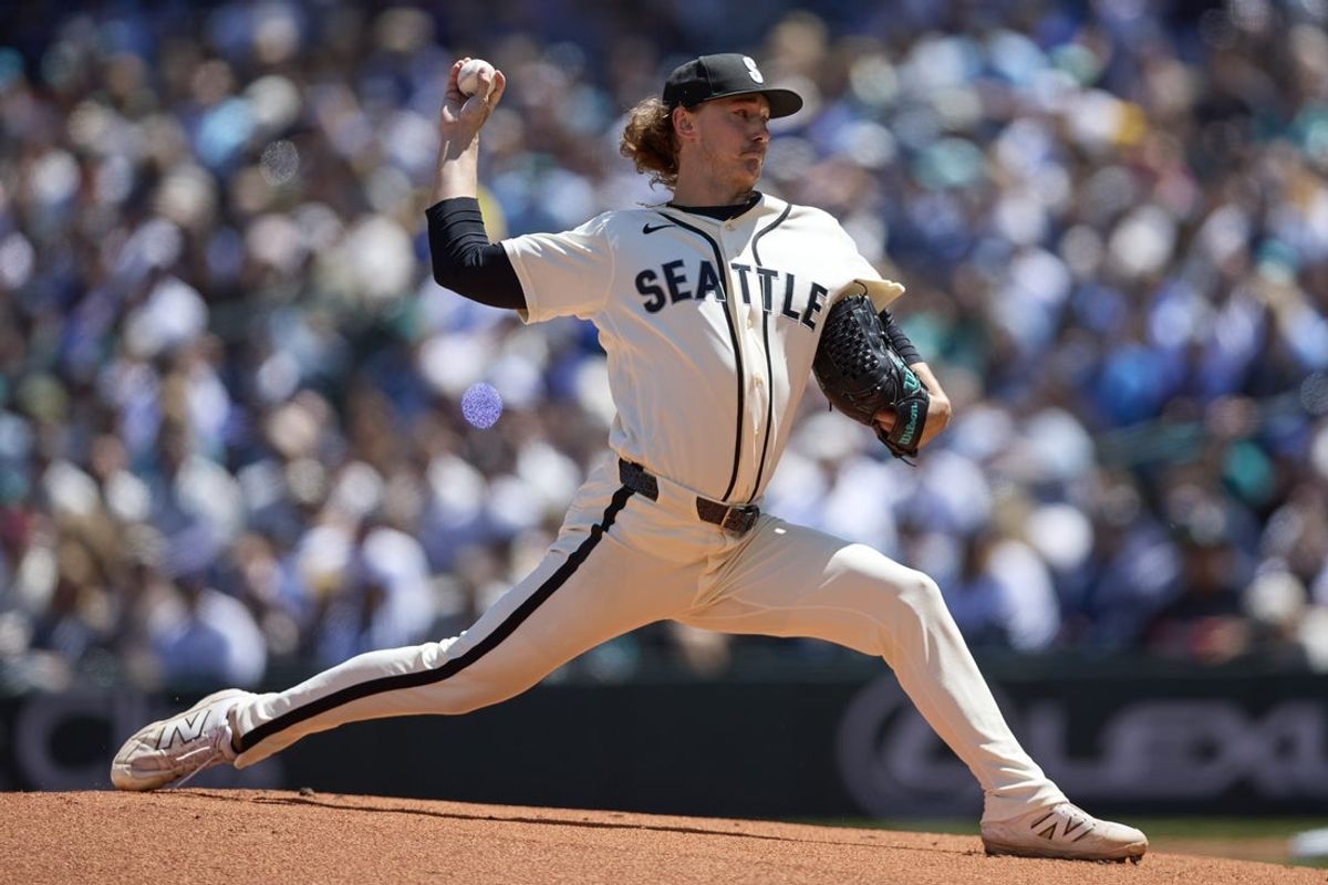 May 31, 2026; Seattle, Washington, USA; Seattle Mariners starting pitcher Bryce Miller (50) throws against the Arizona Diamondbacks during the first inning at T-Mobile Park. Mandatory Credit: John Froschauer-Imagn Images