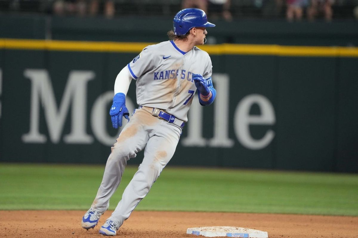 May 31, 2026; Arlington, Texas, USA; Kansas City Royals shortstop Bobby Witt Jr. (7) turns and looks after hitting a double against the Texas Rangers during the ninth inning at Globe Life Field. Mandatory Credit: Jim Cowsert-Imagn Images