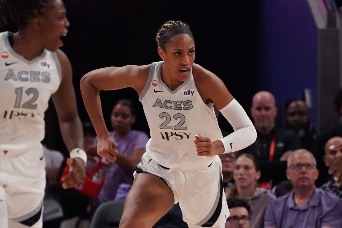 May 31, 2026; San Francisco, California, USA;  Las Vegas Aces center A'ja Wilson (22) and guard Chelsea Gray (12) run back on defense after a score against the Golden State Valkyries in the third quarter at Chase Center. Mandatory Credit: David Gonzales-Imagn Images