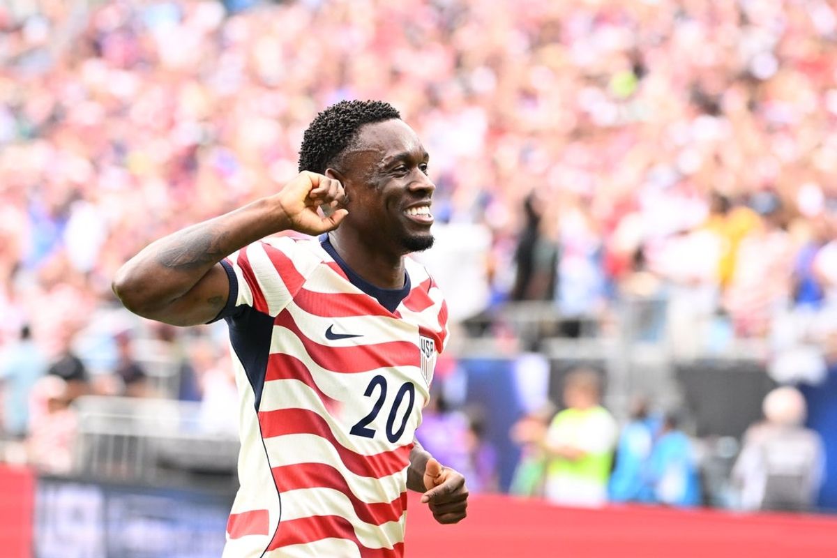 May 31, 2026; Charlotte, North Carolina, USA; United States forward Folarin Balogun (20) reacts after scoring a goal in the seconjd half at Bank of America Stadium. Mandatory Credit: Bob Donnan-Imagn Images