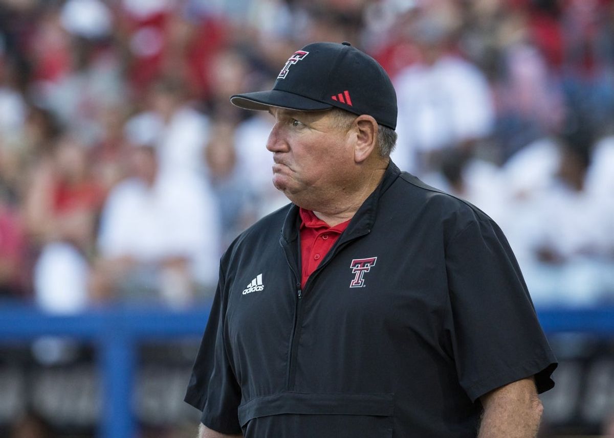 May 31, 2026; Oklahoma City, OK, USA; Texas Tech Red Raiders head coach Gerry Glasco looks out over the field in the sixth inning against the UCLA Bruins during the NCAA Women’s College World Series at Devon Park. Mandatory Credit: Brett Rojo-Imagn Images
