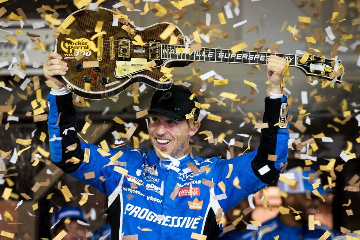 NASCAR Cup Series driver Denny Hamlin celebrates winning the Cracker Barrel 400 at Nashville Superspeedway in Lebanon, Tenn., Sunday, May 31, 2026.