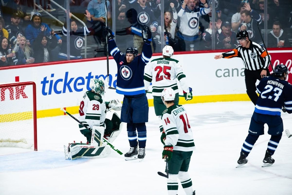 Feb 20, 2024; Winnipeg, Manitoba, CAN; Winnipeg Jets forward Gabriel Vilardi (13) celebrates his goal against the Minnesota Wild during third period at Canada Life Centre.
