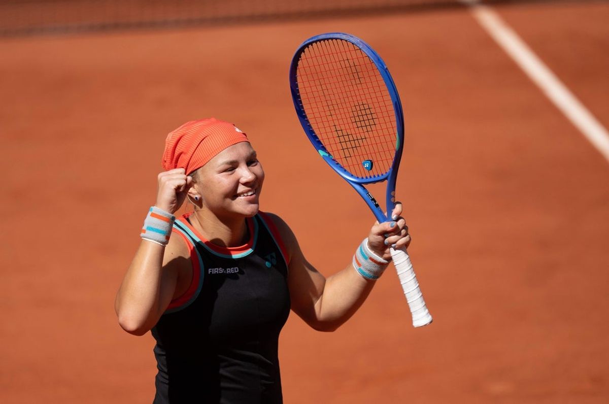 Jun 1, 2026; Paris, France;  Diana Shnaider celebrates winning her match against Madison Keys of the United States on day nine at Stade Roland Garros. Mandatory Credit: Susan Mullane-Imagn Images