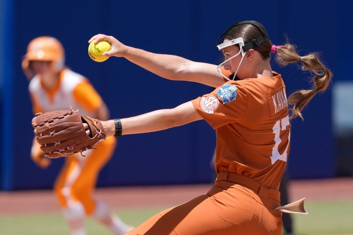 Texas Longhorns pitcher Teagan Kavan (17) throws a pitch during a Women's College World Series softball game between the University of Texas Longhorns and the Tennessee Lady Volunteers at Devon Park in Oklahoma City, Monday, June 1, 2026.