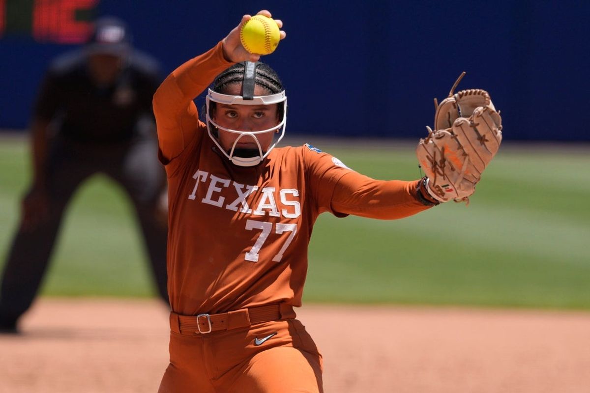 Texas Longhorns starting pitcher Citlaly Gutierrez (77) throws a pitch during a Women's College World Series softball game between the University of Texas Longhorns and the Tennessee Lady Volunteers at Devon Park in Oklahoma City, Monday, June 1, 2026.