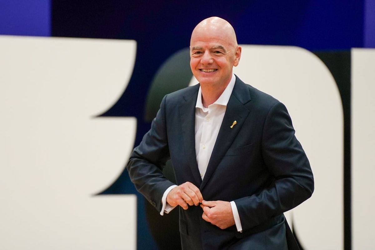 Jun 1, 2026; Dallas, Texas, USA; FIFA President Gianni Infantino makes his way to the podium during the grand opening of the 2026 FIFA World Cup international broadcast center at Kay Bailey Hutchison Convention Center. Mandatory Credit: Raymond Carlin III-Imagn Images